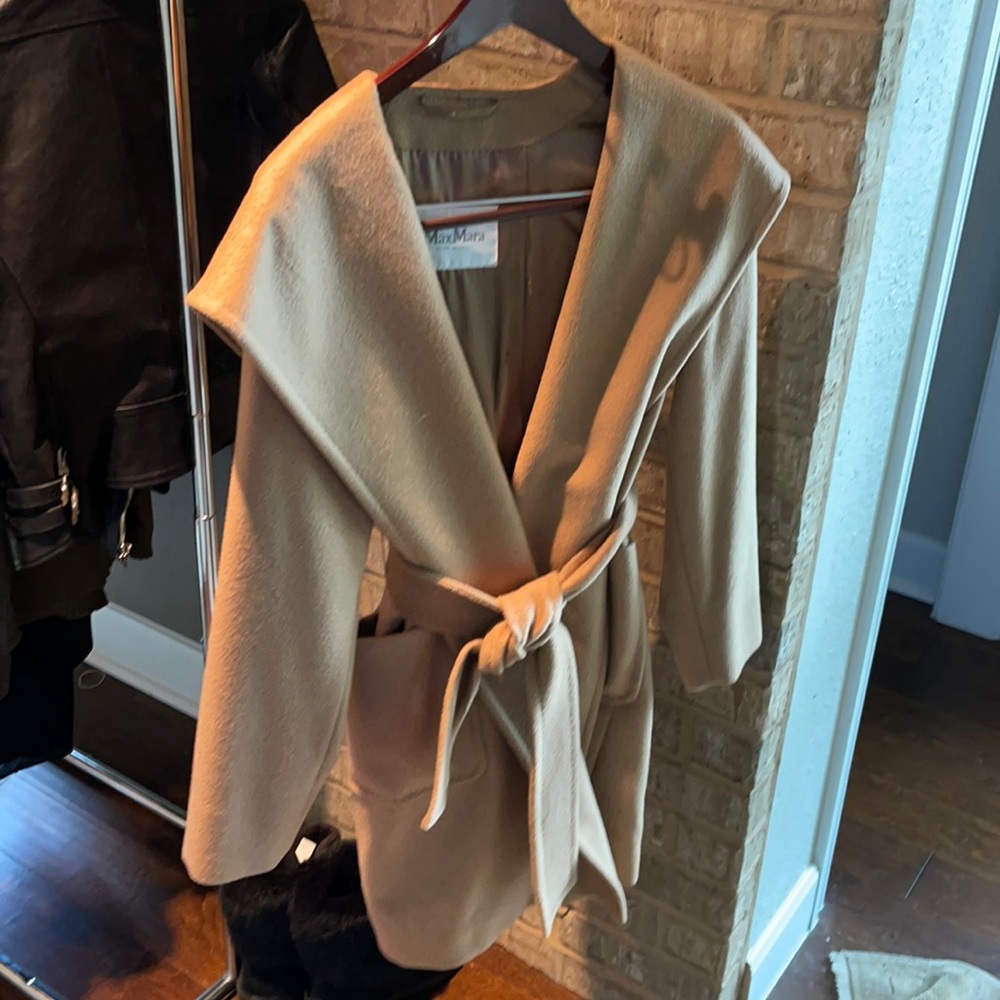 Max Mara Italian belted camel hair coat with hood.
